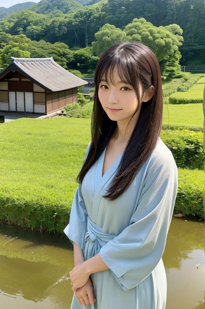 A kind Japanese housewife with long hair in the countryside, dressed in ordinary clothes. She is in a serene rural setting with traditional Japanese houses and lush greenery. The woman has a gentle expression and is relaxing in nature, reflecting a peaceful and contented life.