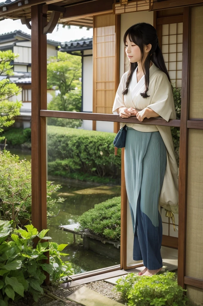A kind Japanese housewife with long hair in the countryside, dressed in ordinary clothes. She is in a serene rural setting with traditional Japanese houses and lush greenery. The woman has a gentle expression and is relaxing in nature, reflecting a peaceful and contented life.