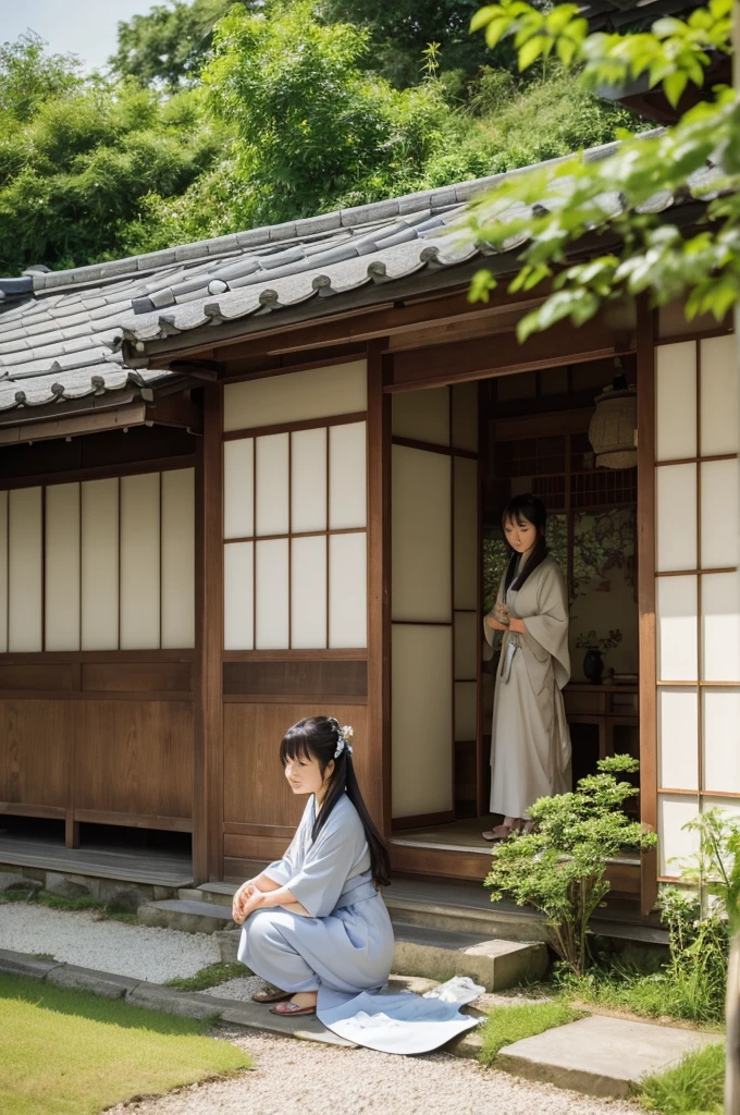 A kind Japanese housewife with long hair in the countryside, dressed in ordinary clothes. She is in a serene rural setting with traditional Japanese houses and lush greenery. The woman has a gentle expression and is relaxing in nature, reflecting a peaceful and contented life.