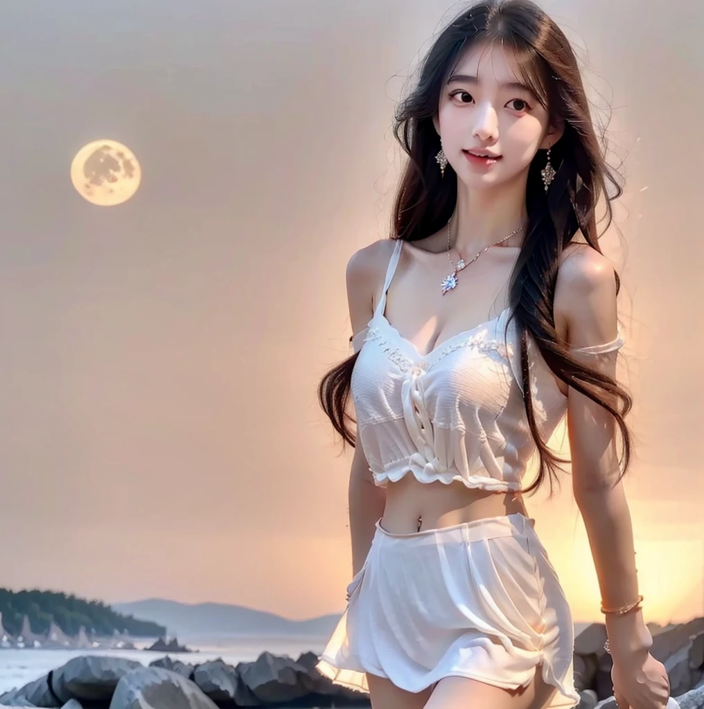 (Highly detailed CG Unity 8K wallpaper), the most beautiful works of art in the world, , ************, blonde, slim and young body, white skin, topless,  with beautiful face, 満月の夜に城の庭を歩くblondeの少女, Western castles, Gorgeous gardens, eerie atmosphere, big full moon, midnight, fantastic background, cinematic lighting