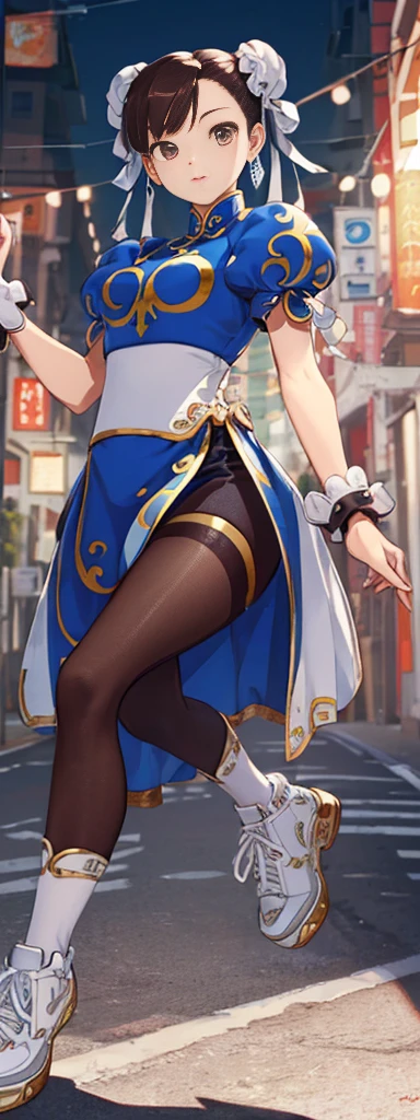 chun-li,((masterpiece)), ((best quality)), ((ultra detailed)), ((kawaii)), cute, (lovely), ((extremely detailed)), ((8K)), (beautiful),flat breast, tiny breast,full body