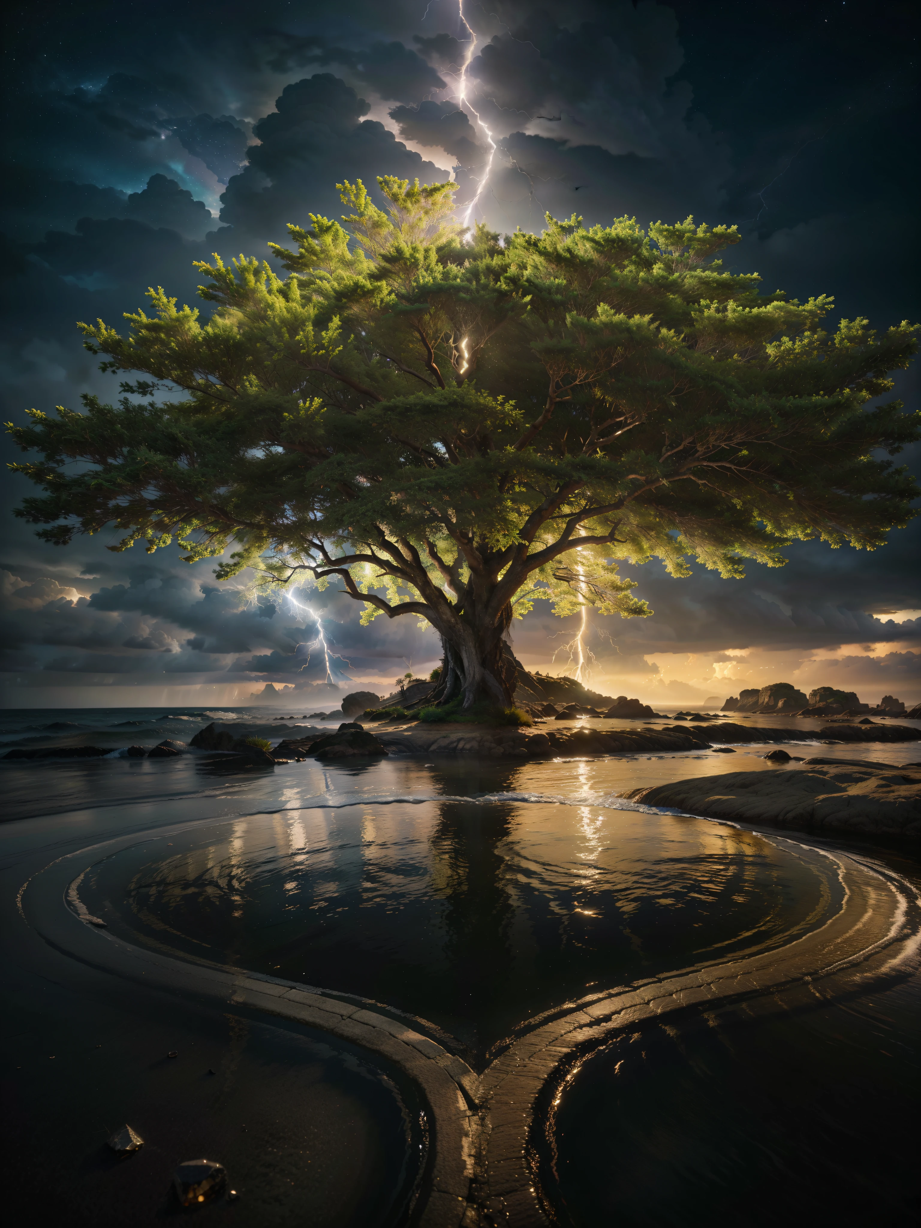Celestial Tree, big tree, paisaje, panorama, Sky Heaven, naturey, palmtrees, Cedars, forst, Rivers of water, Thunder Light, Detailed Realistic FullHD Fotorrealism, Majestic, comely, fire, villany, Thunders, Sky Thunders, Stars, photorrealistic 6K, UltraHD Detailed, detailed colors 8K, Elegant beauty, floor, stele, lightning strikes, heavens, Divine Sky, tempest, Towards the heavens, heavenly, Godlike, photorrealistic, Rendering, 4K, 8K, detailed textures, detailed shadows, padoru, detailed colors, Gods Sky, UltraHD 16K Details, 16K photorealistic textures, detailed sharpness 16K, detailed sharpness, detailed colors, realistic shadows, Ultra realistic textures, High Power, Natural Beauty, natural colors, realistic contrast, Texturas photorrealistics, detailed colors, lifelike colors, detailed shadows, Textuta photorrealistic FullHD, Sombras photorrealistics 8K, HD photorrealistic, 8K Ultra Realistic Details, Cor photorrealistic 4K, FullHD Detailed Lights, Texturas Detalhadas photorrealistics 8K, Nitidez photorrealistic, villany, detailed 4k, ultra detaild, contraste realista de 8K, detailed sharpness, cores Ultra HD, chic,