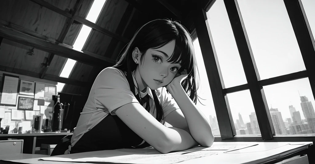 masterpiece, best quality, perfect anatomy, a young female architect, leaning her chin on both her hands, a  glass pyramid figure on the desk, fujimotostyle, Monochromatic