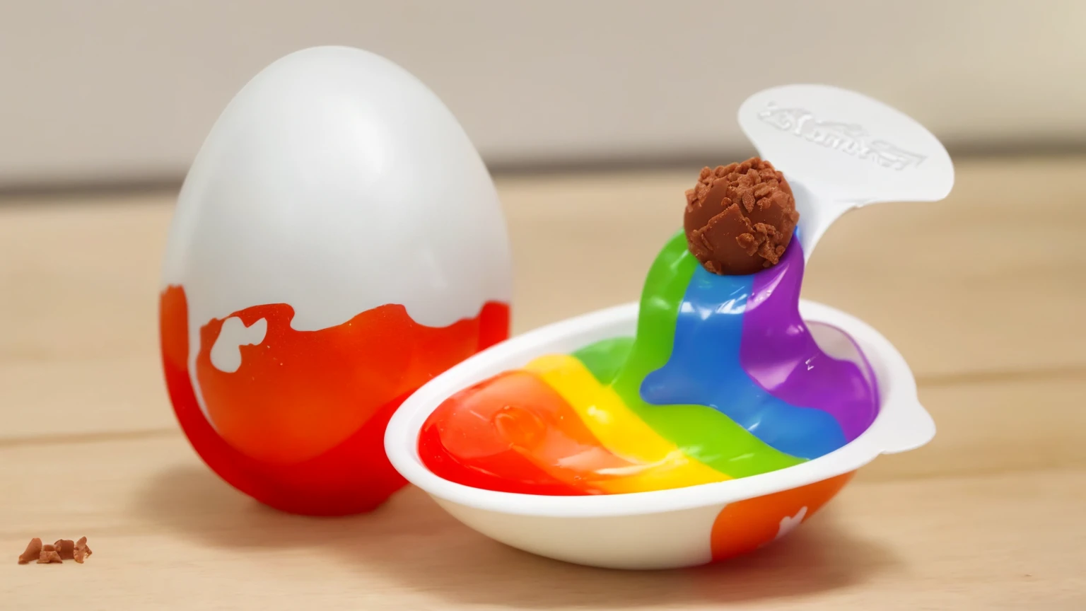 on a wooden table, стоят две половинки plasticового яйца Kinder. Kinder egg-shaped packaging ((plastic)). one of the halves contains rainbow cream, Use a white spoon to scoop out the cream, chocolate ball crumbs on top, a white wall, kitchen,  Multiple light sources, Beautiful sunlight, bright lighting, Realistic style , realistic texture, detailed texture, A high resolution, high quality, macro photo, ultra hd 4k quality.