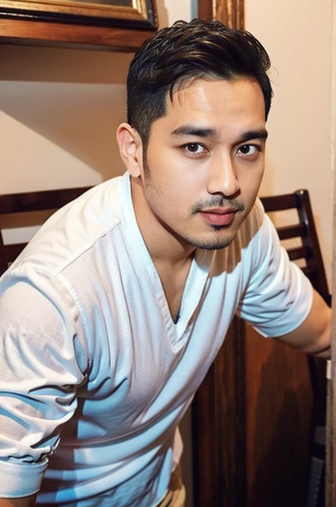 Masterpiece, best quality High resolution, realistic, handsome, beautifully photographed, syahnk SFW, 35 year old portrait. (man: 1.5) Military press, amazing weight, short buzzcut hair, stubby head. , (too much muscle ),look at the viewer,Flirting with the camera,charming (Tight white shirt ),(GS-Masculine:1), 8K UHD , standing in the dining room,
