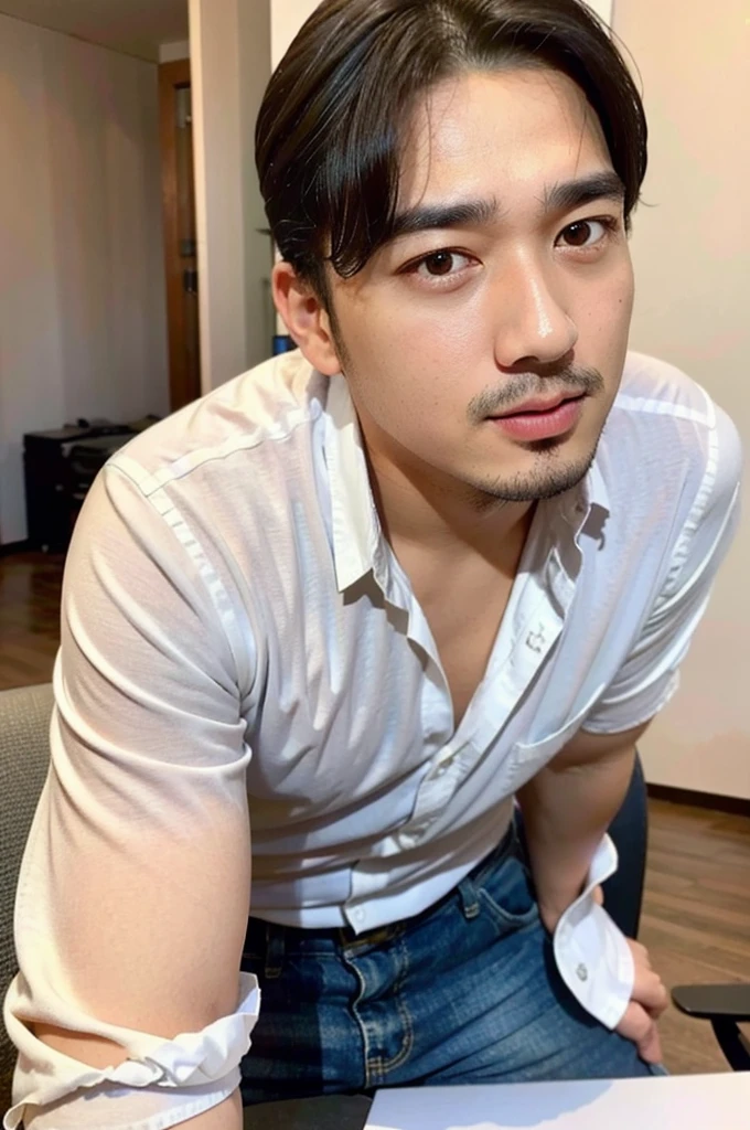 Masterpiece, best quality High resolution, realistic, handsome, beautifully photographed, syahnk SFW, 35 year old portrait. (man: 1.5) Military press, amazing weight, short buzzcut hair, stubby head. , (too much muscle ),look at the viewer,Flirting with the camera,charming (Tight white shirt ),(GS-Masculine:1), 8K UHD , standing in the dining room,