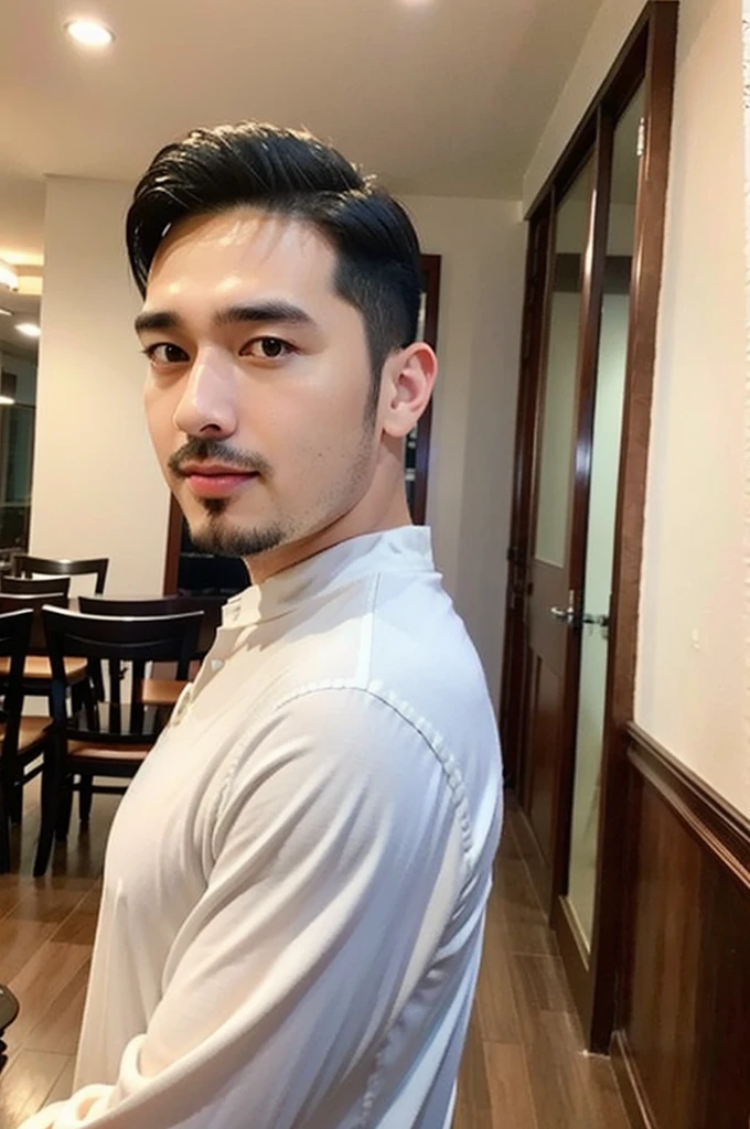 Masterpiece, best quality High resolution, realistic, handsome, beautifully photographed, syahnk SFW, 35 year old portrait. (man: 1.5) Military press, amazing weight, short buzzcut hair, stubby head. , (too much muscle ),look at the viewer,Flirting with the camera,charming (Tight white shirt ),(GS-Masculine:1), 8K  UHD , standing in the dining room,