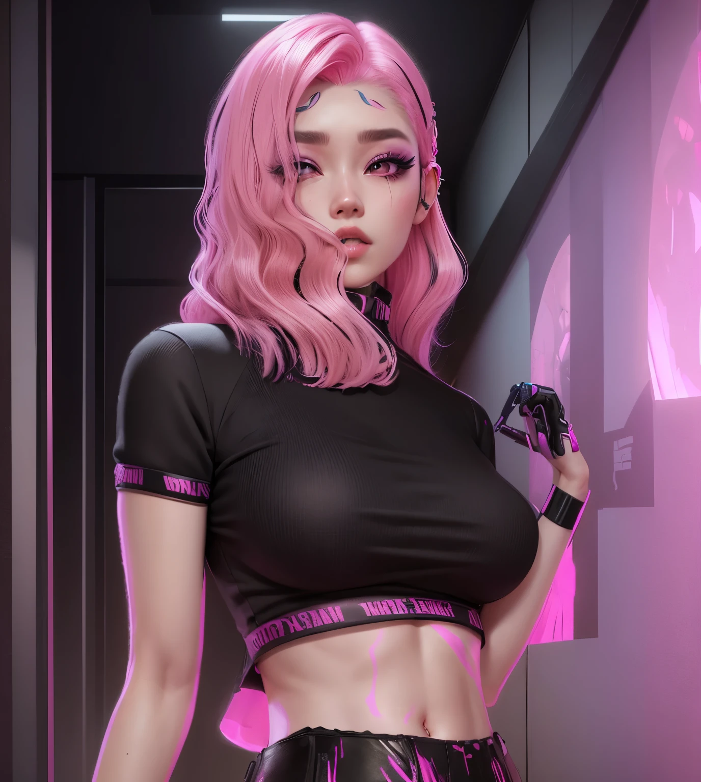 AVATAR SECOND LIFE Korean girl wearing white blouse,  pink  hair, pink  hair, pink  hair, Asian, Perfect and detailed face, imvu, maximalist details, AVATAR SECOND LIFE Korean blusa , neon