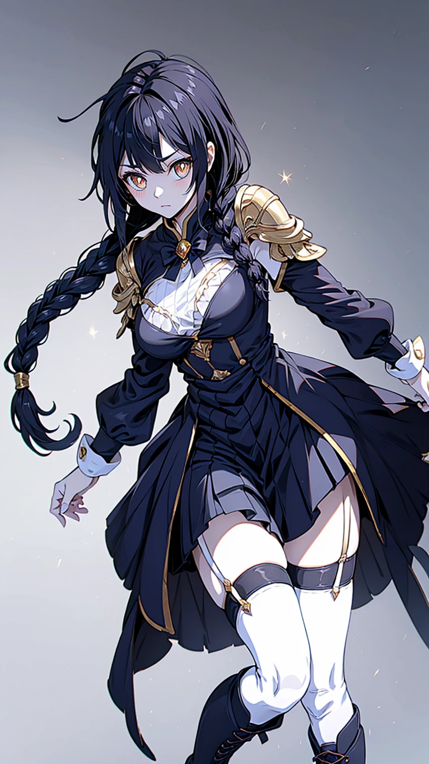 Correct body proportions，Golden ratio，braid，braid，braid，braid，Braid，单侧braid，单条braid，Dress，蓝色Dress，Blue skirt，Off-shoulder装，Off-shoulder，Black Hair，Black Hair，Golden Eyes，Golden pupils，Golden pupils，Golden pupils，Golden Eyes，Golden pupils，Golden pupils，Golden Eyes，Golden Eyes，Golden pupils，White lace trim，White knee socks，White garter stockings，White knee socks，White socks，White tights，White Silk，Waist，Waist，Waist，Black boots，Black boots，Sassy，Handsome，murderous，murderous，Vicious，cool girl，Mature girl，Busty girl，Fantasy style，Fantasy style，Close-up above the waist，Big breasts，Big breasts，Fantasy style，Dark Style，Gothic style