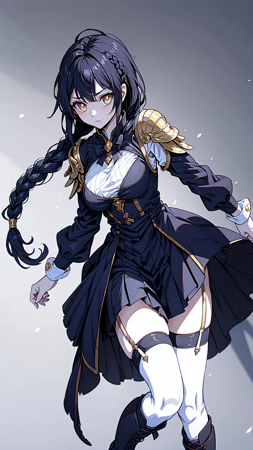 Correct body proportions，Golden ratio，braid，braid，braid，braid，Braid，单侧braid，单条braid，Dress，蓝色Dress，Blue skirt，Off-shoulder装，Off-shoulder，Black Hair，Black Hair，Golden Eyes，Golden pupils，Golden pupils，Golden pupils，Golden Eyes，Golden pupils，Golden pupils，Golden Eyes，Golden Eyes，Golden pupils，White lace trim，White knee socks，White garter stockings，White knee socks，White socks，White tights，White Silk，Waist，Waist，Waist，Black boots，Black boots，Sassy，Handsome，murderous，murderous，Vicious，cool girl，Mature girl，Busty girl，Fantasy style，Fantasy style，Close-up above the waist，Big breasts，Big breasts，Fantasy style，Dark Style，Gothic style