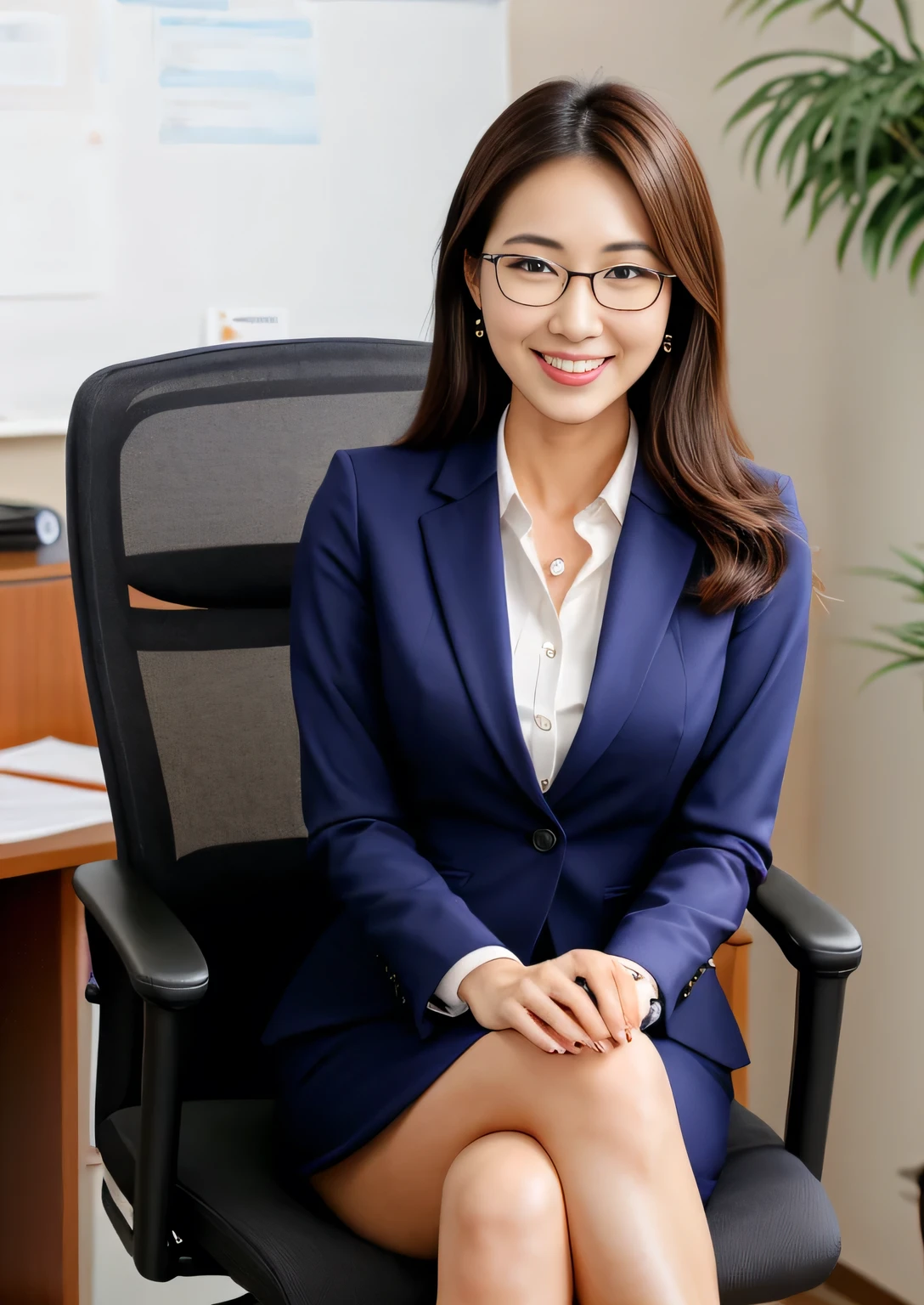 attractive executive secretary, elegant woman with glasses sitting on a chair inside an office, grinning, Full body photo、The office lady has arrived、、Background is the office mirando al espectador