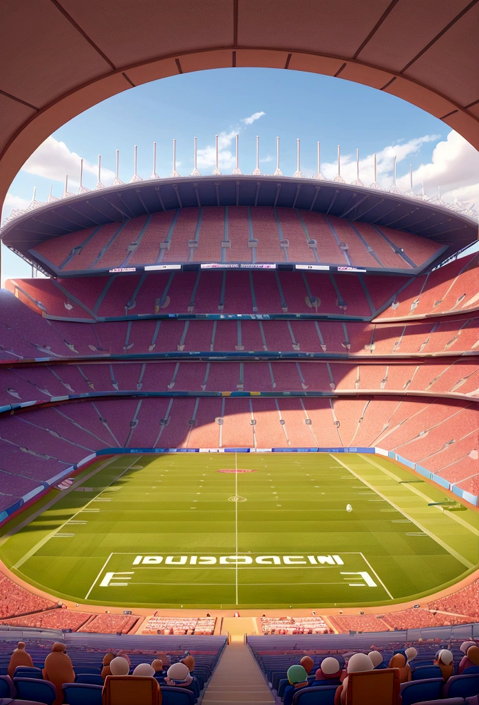 a big football stadium, no player appears, only the stadium Disney cartoon style
