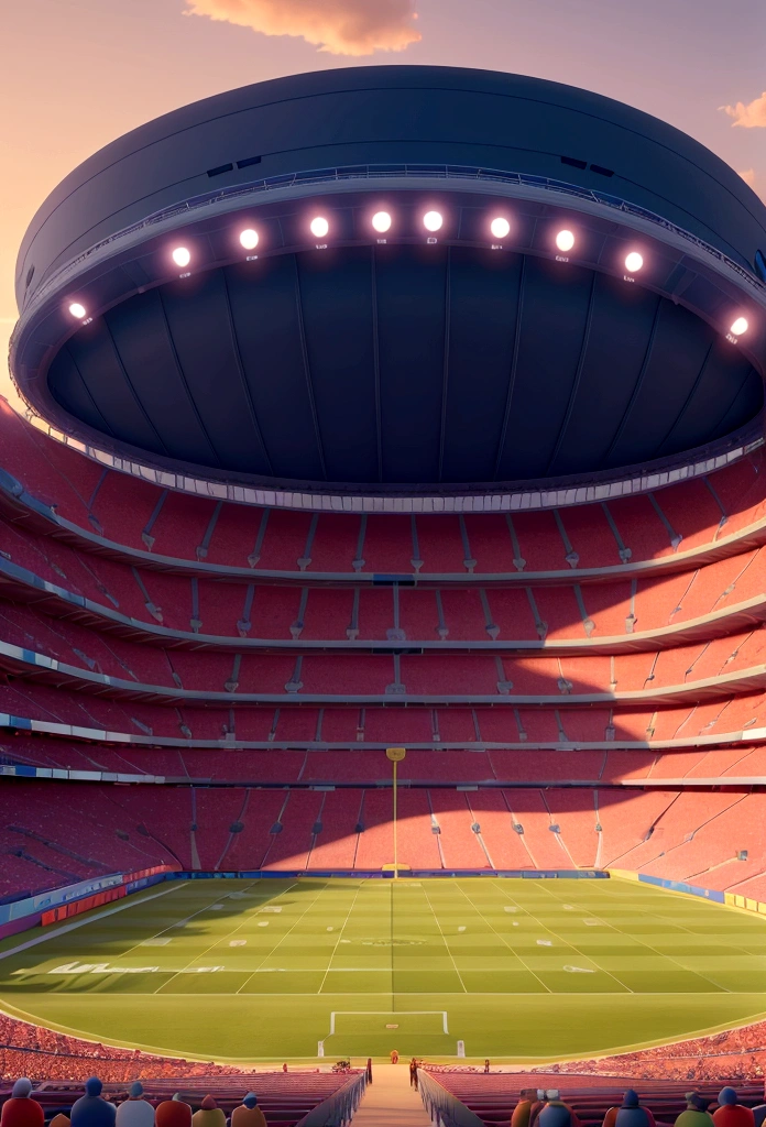 a big football stadium, no player appears, only the stadium Disney cartoon style