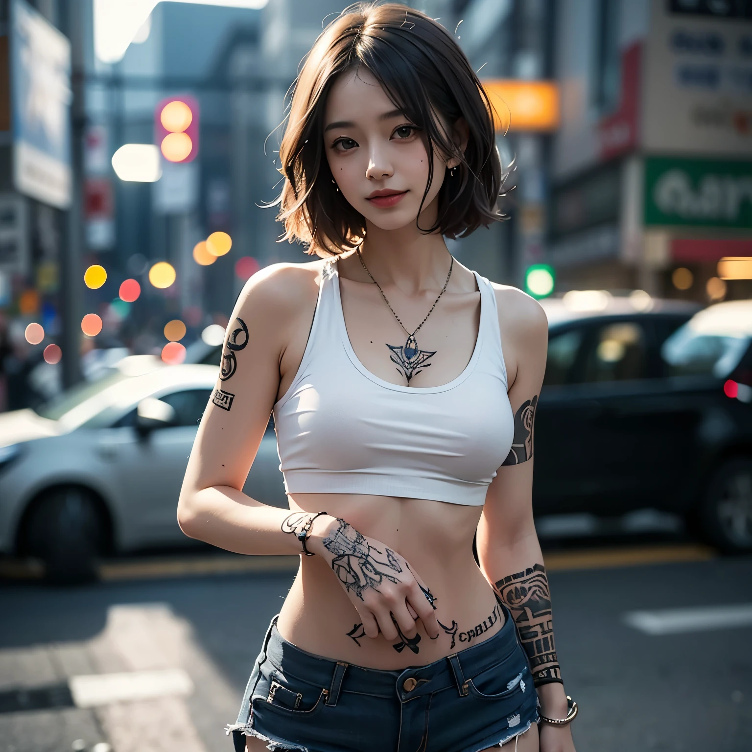 (night, Soft lighting, Highest quality, 8K, masterpiece, RAW Photos: 1.3) close-up portrait of woman with tattoo arms and top, ((tattoo body young girl, ink, tattoo, tattoo body:1.2)), 2 4-year-old female model, (black short t-shirt and mini skirt slit,) light brown hair, neckless, body piercing, short bob hairstyle, Half naked, Disheveled clothing, tattoo, Wearing a sexy crop top, Sexy girl in shorts, Tight waist, beautiful abdomen, ever small midriff, Very detailed, Intricate details, Very detailed face and skin, Under boob, The body is slim, Fine grain, Realistic, compensate, intellectual, Fascinating, Beautiful standing posture, small, in city, Invincible Smile, full body  