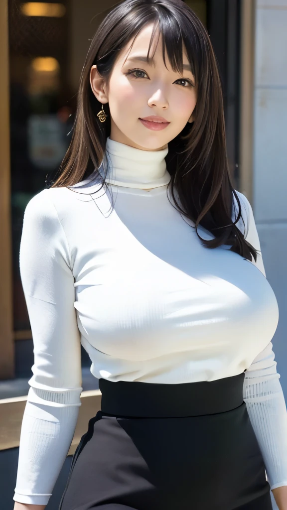 (Highest quality, masterpiece, Photo Real, Super detailed, Ultra-high resolution, born:1.3), 1 Female, beautiful, Japanese, Turtleneck knit, Pencil Skirt, (Huge breasts:1.3), smile, Long Hair, bangs, high waist, necklace, City Street,heavy hanging breast