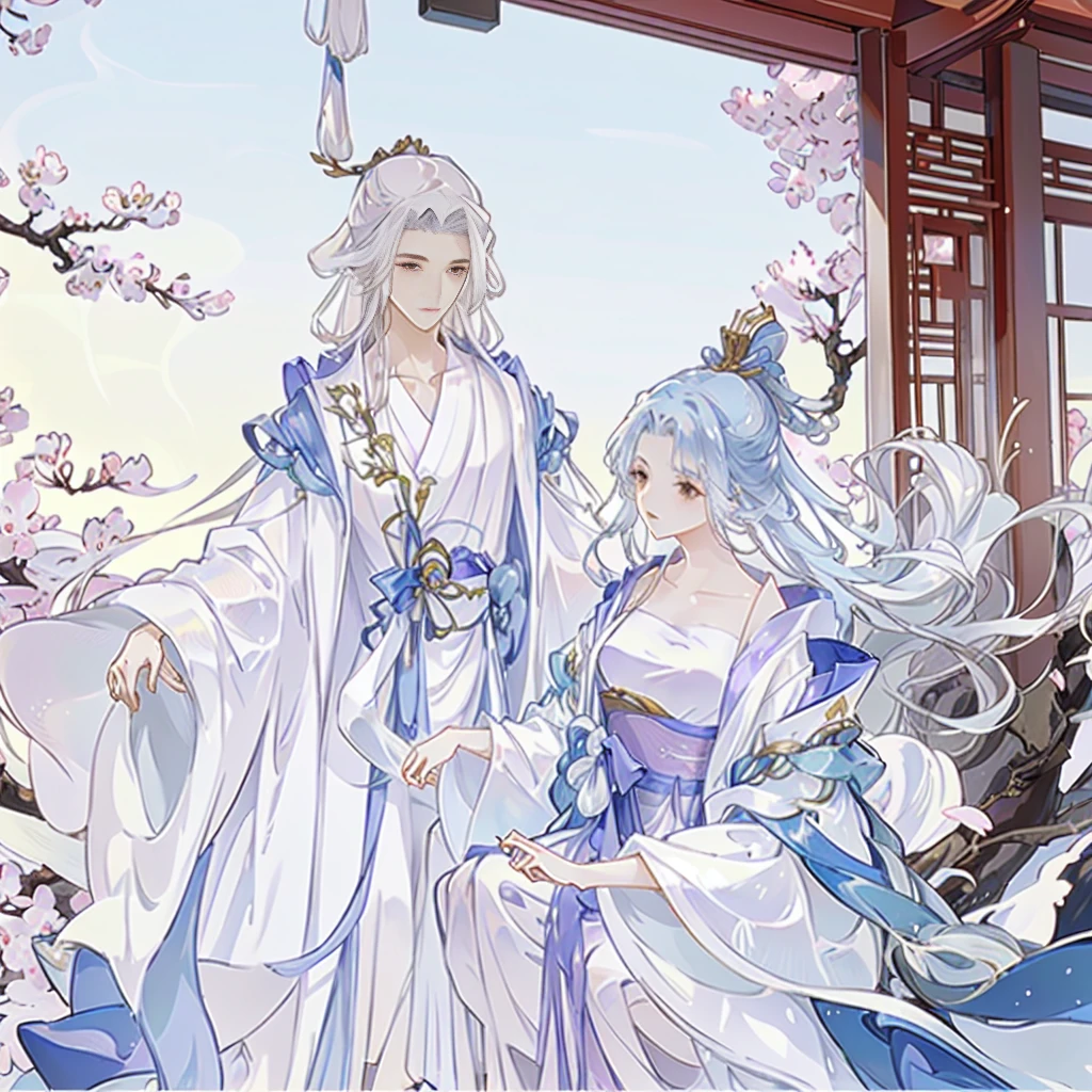 Anime couple in traditional costumes standing in front of cherry blossom trees, flowing white robe, White Hanfu, Long flowing hair and robes, Wearing a white robe!, palace , Girl wearing Hanfu, Wing Wall and Shurak, Gu Weiss, cotton cloud mage robes, Hanfu, Wearing Chinese clothes, Wearing a flowing robe, Dressed in a white robe