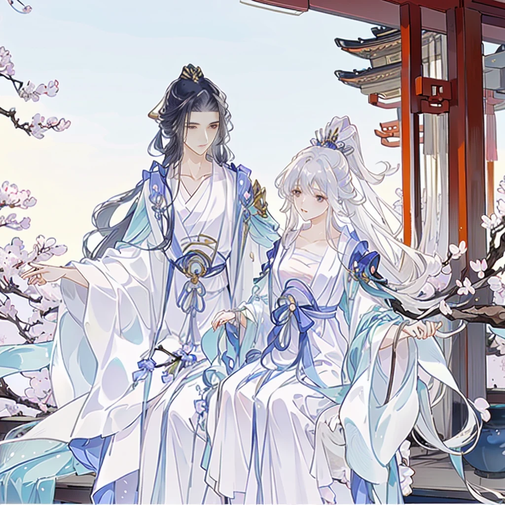 Anime couple in traditional costumes standing in front of cherry blossom trees, flowing white robe, White Hanfu, Long flowing hair and robes, Wearing a white robe!, palace , Girl wearing Hanfu, Wing Wall and Shurak, Gu Weiss, cotton cloud mage robes, Hanfu, Wearing Chinese clothes, Wearing a flowing robe, Dressed in a white robe