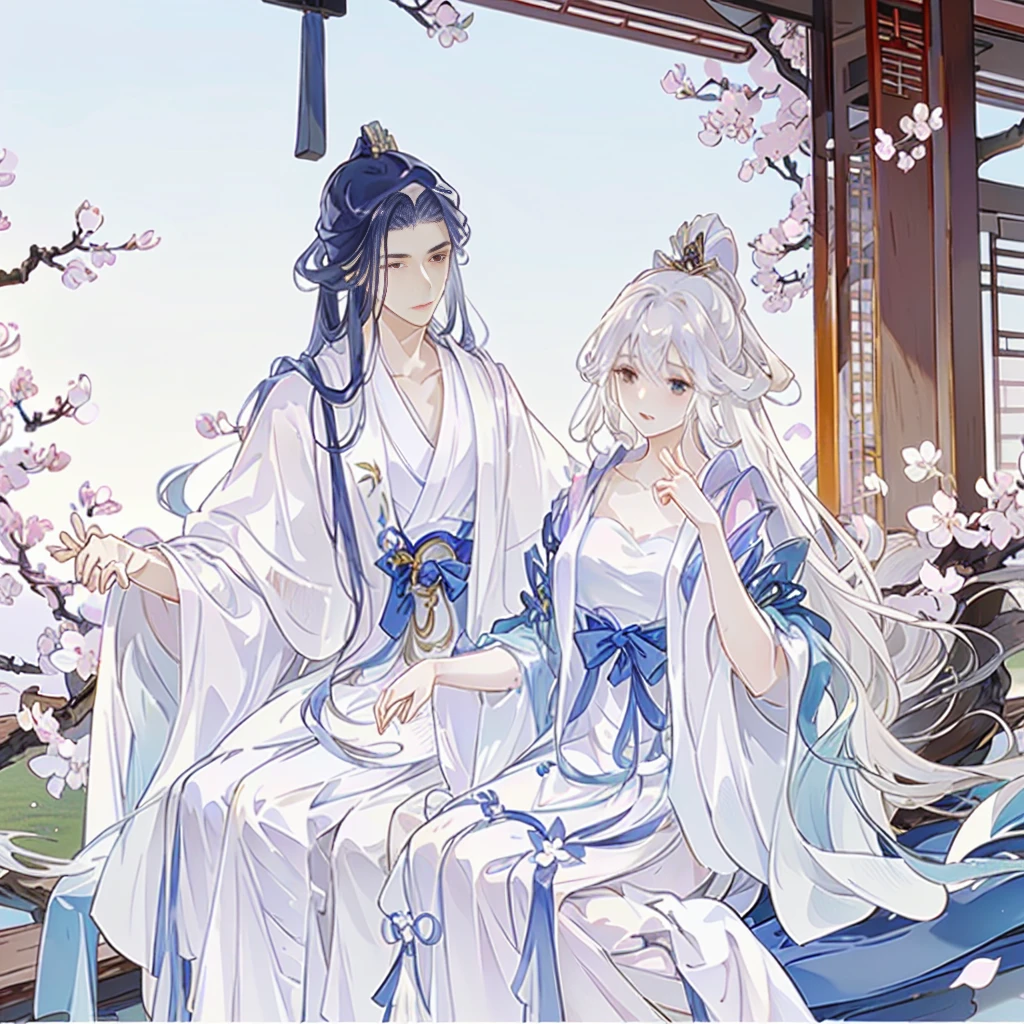 Anime couple in traditional costumes standing in front of cherry blossom trees, flowing white robe, White Hanfu, Long flowing hair and robes, Wearing a white robe!, palace , Girl wearing Hanfu, Wing Wall and Shurak, Gu Weiss, cotton cloud mage robes, Hanfu, Wearing Chinese clothes, Wearing a flowing robe, Dressed in a white robe