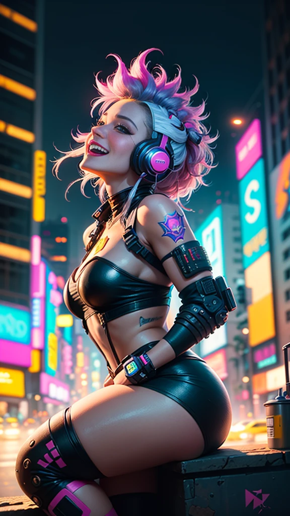 (1 cyberpunk girl in a colorful Harajuku style pop outfit)), (((Looking up))), cowboy shot, wind, messy hair, ((Cyberpunk 2077 cityscape)), (Cyberpunk aesthetics and atmosphere:1.3), (Blade runner), bright colors, smiling, ((cinematic lighting))
Headphones Sitting Laughing out loud View your viewers
