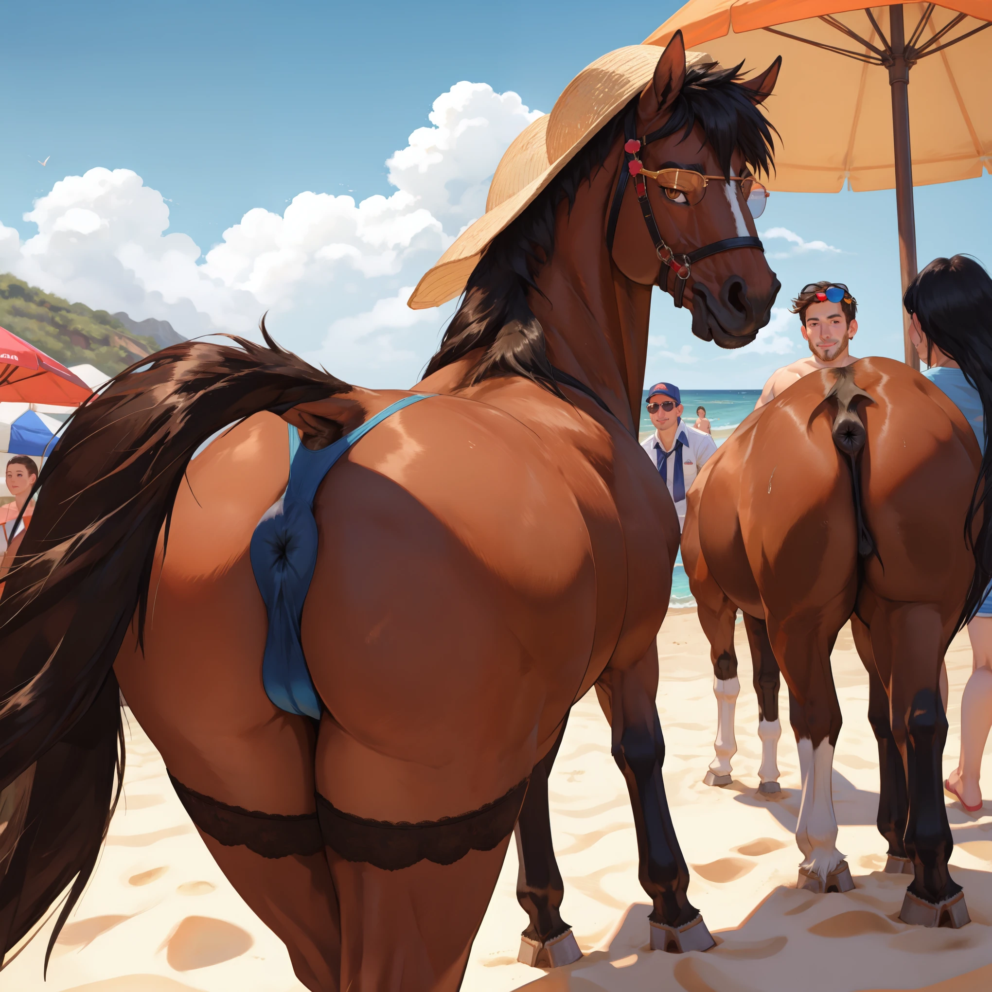 NSFW (nude) (Nami ((human)) large breasts, strip of pubic hair) penis in mouth, deep throat,  male furry horse with horse penis, full body, on a deserted beach