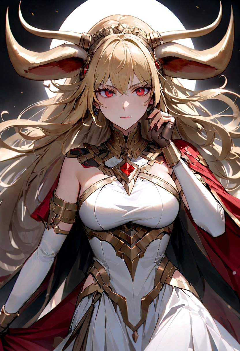 （Huang Li、high quality、Extremely detailed），Constellation - Taurus goddess，huge cow，Woman petting a cow，Similar to Latin goodness，brave，capricious，Productivity，The face of enterprising and humanitarianism，Blonde hair，Ancient Greek costumes、Wrap Dress，The background is the ocean，Crystal red eyes（Eyes Details），Powerful appearance