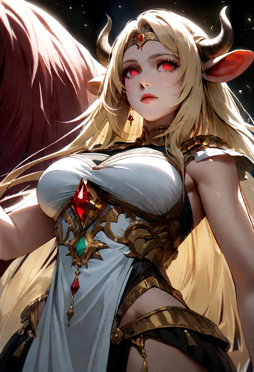 (Huang Li、high quality、Extremely detailed),Constellation - Taurus goddess,huge cow,Woman petting a cow,Similar to Latin goodness,brave,capricious,Productivity,The face of enterprising and humanitarianism,Blonde hair,Ancient Greek costumes、Wrap Dress,The background is the ocean,Crystal red eyes(Eyes Details),Powerful appearance