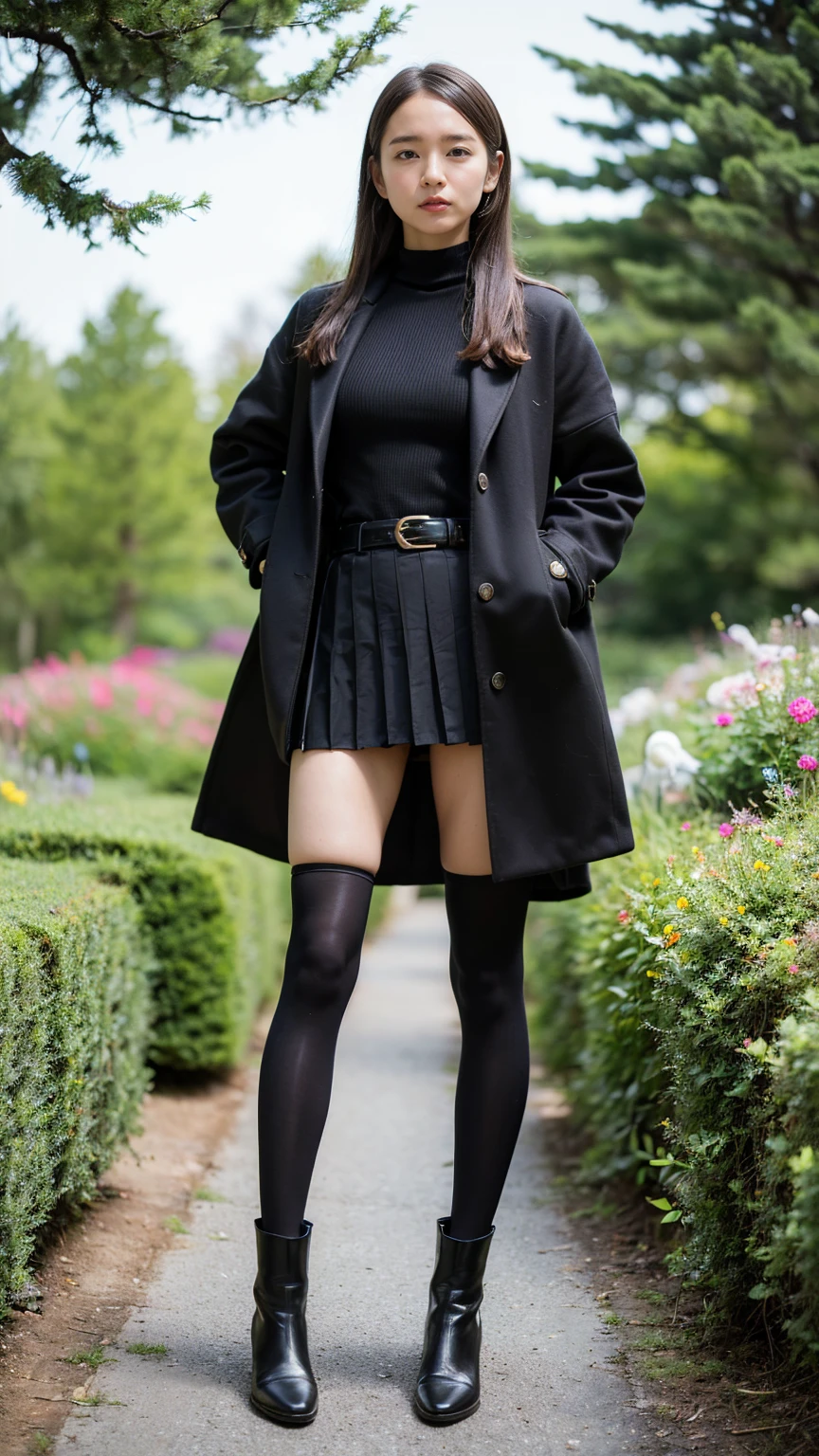 (8K、RAW Photos、Highest quality、masterpiece:1.2)、(Realistic、Realistic)、1 Girl、((mini skirt、coat、black、Thin legs、whole body、boots、one piece、tights、garden、View from the front、Looking into the camera、belt、Stand with hands on hips))、cute