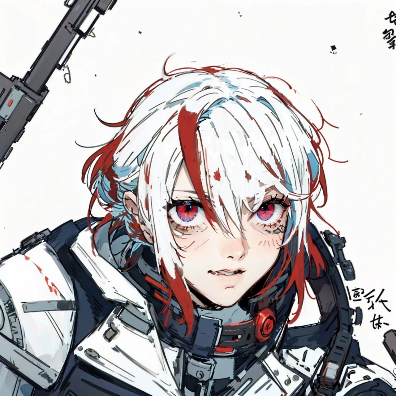cyberpunk,white chin length hair,hair with magenta tips,red eyes,cyborg eyes,metalic parts,metal arms,strong and muscular,female,anime,mechanicKuroume, bags under eyes, cyberpunk clothing,cyberpunk,red chin length hair,red eyes,cyborg eyes,metalic parts,metal arms,strong and muscular,female,anime,mechanic 
