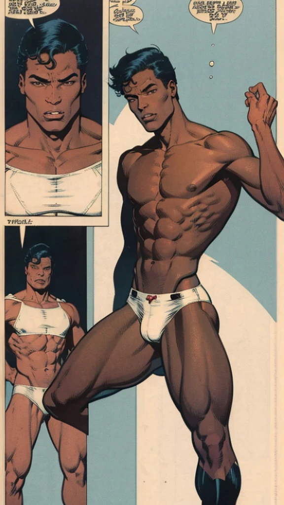 a very skinny black boy with short hair, his body is skinny and he is only wearing white underwear western comic panels