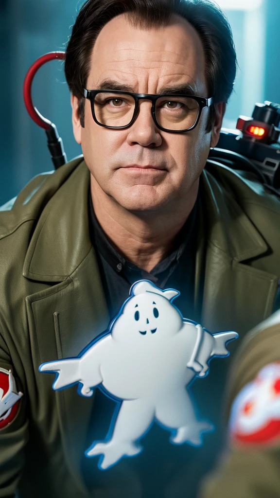 Dan Aykroyd as the original Ghostbusters squad, realistic, 8K, extreme close up, portrait, professional, cinematic, film,