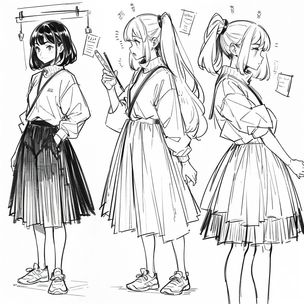 One Girl,Line art,Monochrome,sketch,Pencil drawing,Traditional Media,One Girl, skirt,Cute Teenage Girls, ,Beautiful portrait、Delicate body、Black Hair、Black Hair,landscape,Black and White