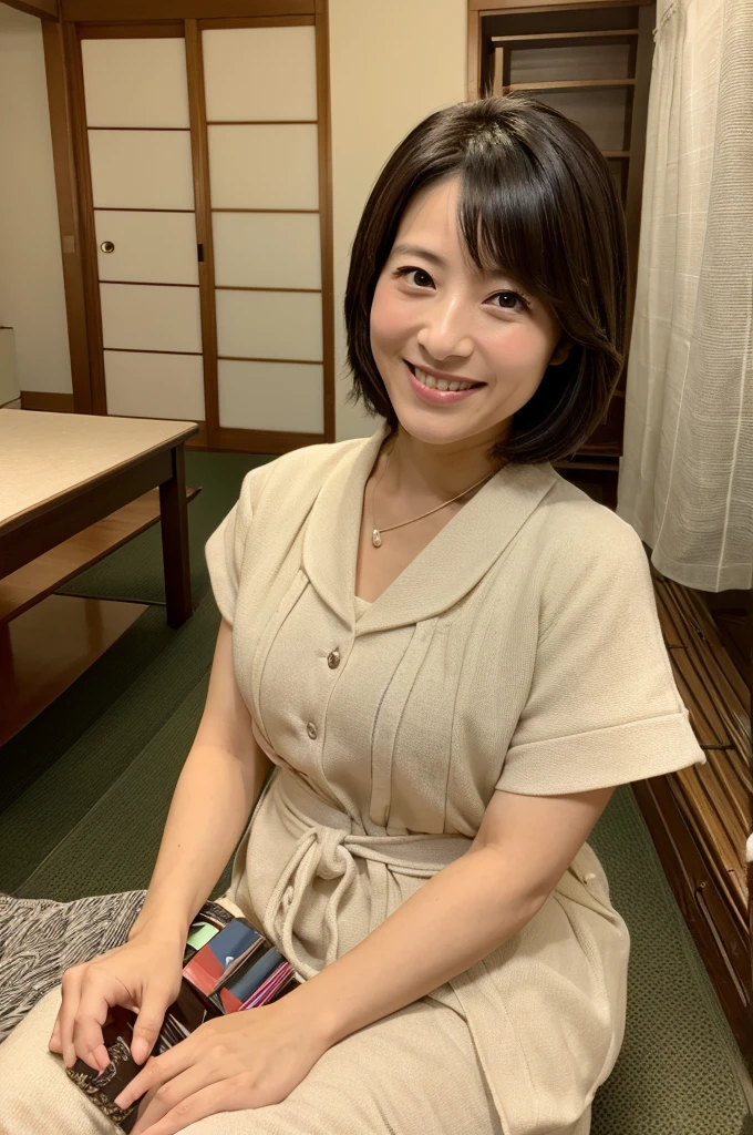((Highest quality)), ((masterpiece)), (detailed), Japanese, 40 years old, Beauty, front,Diagonal orientation、smile, Nagoya, Single Mother,Natural Photography,Inside the room, Too much,peace sign,Short Hair