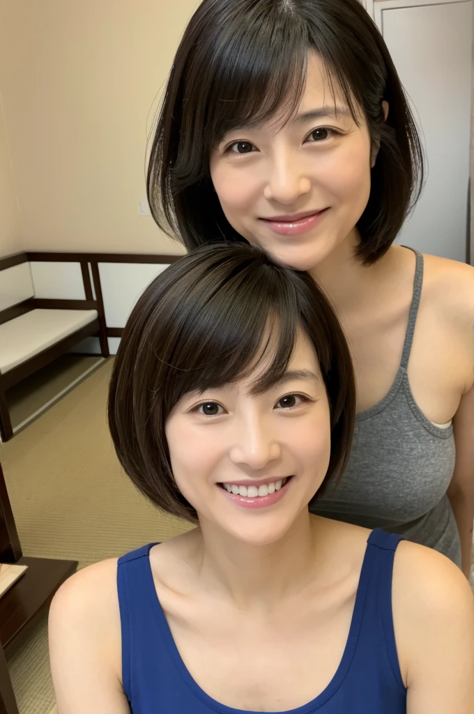 There was a woman sitting in the living room。, 45-year-old female, 4 0 years old woman, 8k selfie photograph, Bob cut,miss korea, Smiling,white sleeveless vest,