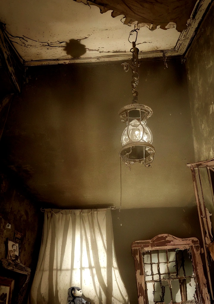 darkroom, ceiling, creepy doll hanging from the ceiling, Weird atmosphere, Dim Lights, Ominous shadow, Haunted atmosphere, vintage decor, Dusty air, Flickering candles, chilling silence, Spooky existence, Cracked walls, Rotting Floor, Tattered curtains, Mysterious atmosphere, Abandoned toys, net, Broken furniture, Ghost Whisper, forgotten secrets, Creepy feeling