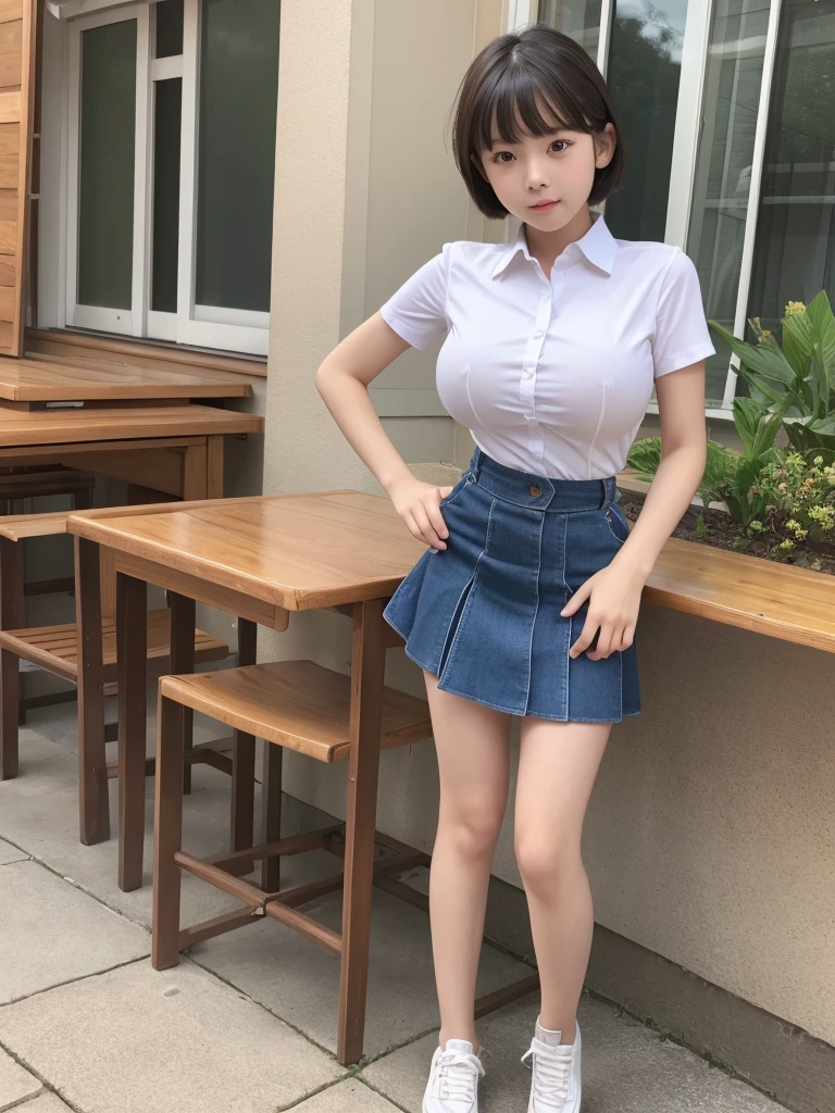 Highest quality、masterpiece、8K、Very detailed、Realistic、(Young face:1.2)、(Looks like an elementary school kid:1.2)、One person、whole body、(Big Breasts)、Thin and beautiful legs、Tight and slim waist、Tight shirt、mini skirt、Short Hair