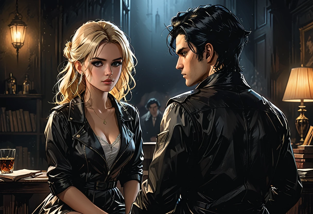 (masterpiece, best quality), (2 characters), (foreground character, blonde hair, sitting with back to viewer), (background character, black hair, sitting facing viewer), (detailed background, dynamic composition), (realistic lighting, expressive faces, detailed clothing), (contrasting hairstyles, intimate setting, story-driven scene)


graphic style of novel comics,dark novel, 2d, 8k, hyperrealism, masterpiece, high resolution, best quality, ultra-detailed, super realistic, Hyperrealistic art, high-quality, ultra high res, highest detailed, lot of details, Extremely high-resolution details, incredibly lifelike, colourful, soft cinematic light,