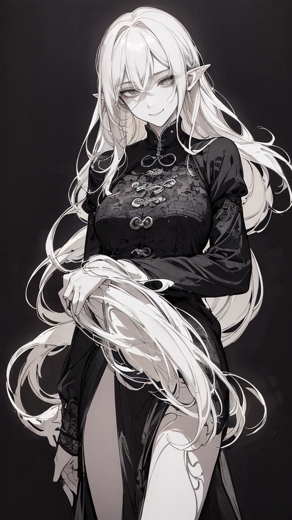 Highest quality, (Background details), High Contrast, Very beautiful woman, Detailed original illustrations、functional、priest、White、Xijiaoguan、Elf、Delicate face、charm、Villainess、sexy、Real breasts、Crazy Smile, Crazy Eyes,  Black background, (Black background: 1.5), Beautiful line art、Monochrome