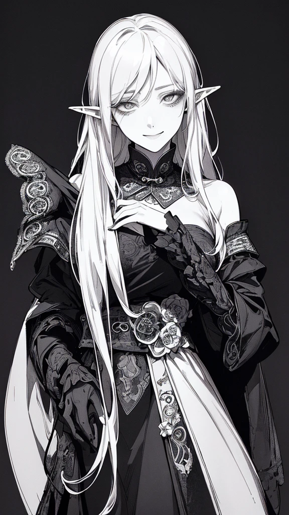 Highest quality, (Background details), High Contrast, Very beautiful woman, Detailed original illustrations、functional、priest、White、Xijiaoguan、Elf、Delicate face、charm、Villainess、sexy、Real breasts、Crazy Smile, Crazy Eyes, Black background, (Black background: 1.5), Beautiful line art、Monochrome