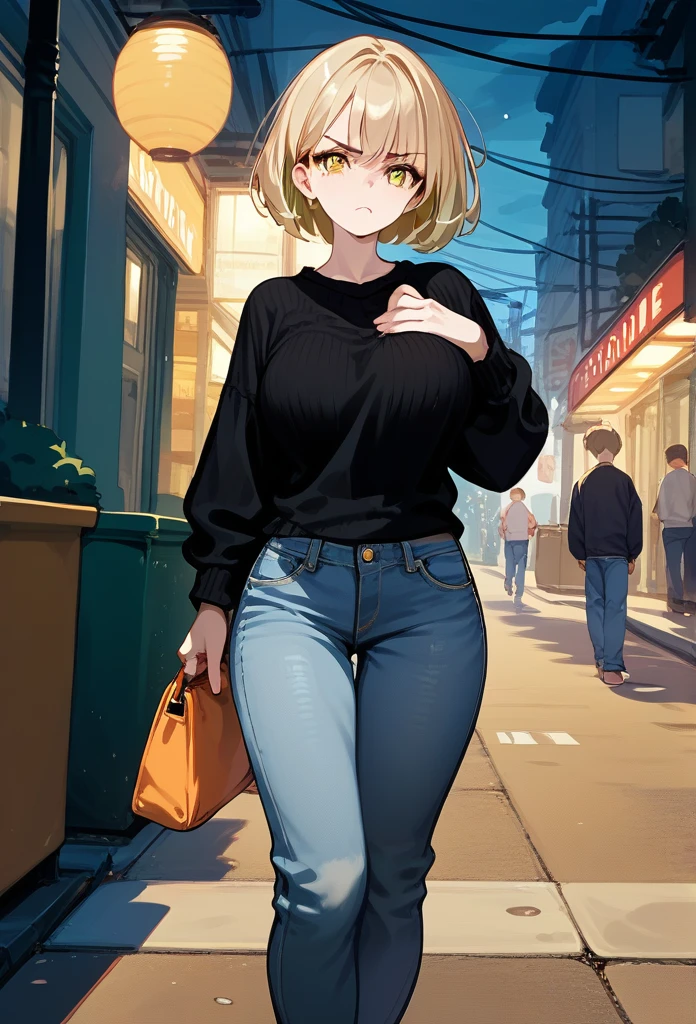 young girl, young face, hot face, golden eyes, short hair, blonde hair, annoyed expression, irritated face, mature body, curvy body, big breasts, black sweater, jeans, sidewalk, (night), puffing up chest