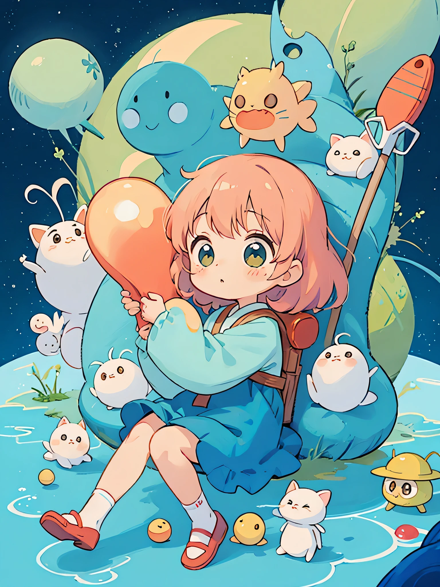 Hayao Miyazaki style, Kawaii Design, The most beautiful girl of all time、chibi, nap, cute alien、Mars exploration、