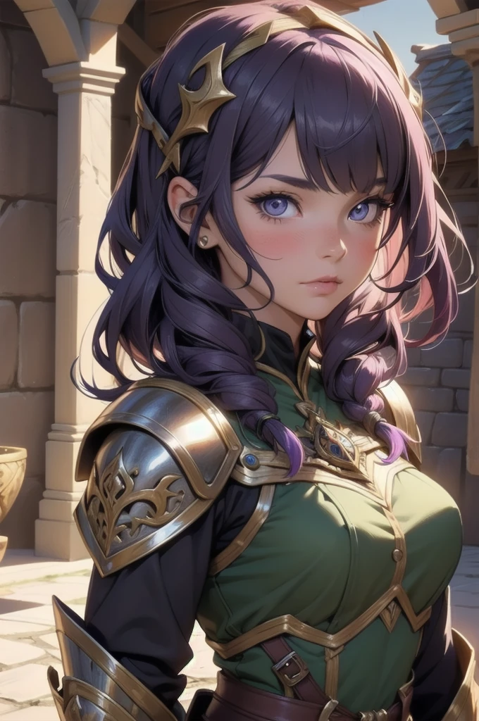 4K, high quality,  Digital painting of a beautiful girl, like々Cute Girl, Silky hair with flowing bangs, Purple Hair, Tied up hair, Quite a soft face, turn bright red, Cute face with soft blush, Girl in the Middle Ages, Girl in medieval armor, fantasy armor, Fantasy Character Design, Intricately detailed fantasy RPG design, Dungeons&Dragons Women Girl Design, sheath sword, Harsh Edge Lighting, Deep Shadow, Colorful armor, Earthy colored armor, Button nose, cute Button nose, Leather Armor