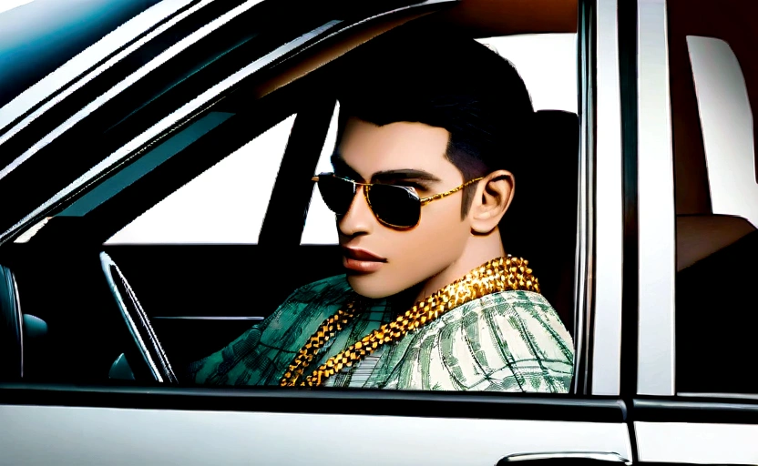 Create a realistic photo of a 20 year old boy driving a mercedes car, interior view of mercedes car, on the car's dashboard name ram naya" is written in a red name plat, boy is wearing a gold chain and there is bundles of cash in the other seat of the car, hyper realistic photo of indian young boy is wearing sunglasses