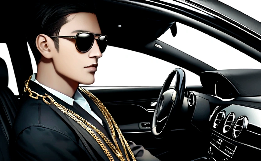 Create a realistic photo of a 20 year old boy driving a mercedes car, interior view of mercedes car, on the car's dashboard name ram naya" is written in a red name plat, boy is wearing a gold chain and there is bundles of cash in the other seat of the car, hyper realistic photo of indian young boy is wearing sunglasses