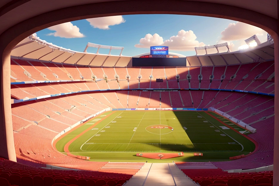 a big football stadium, no player appears, only the stadium Disney cartoon style