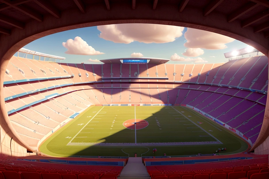 a big football stadium, no player appears, only the stadium Disney cartoon style