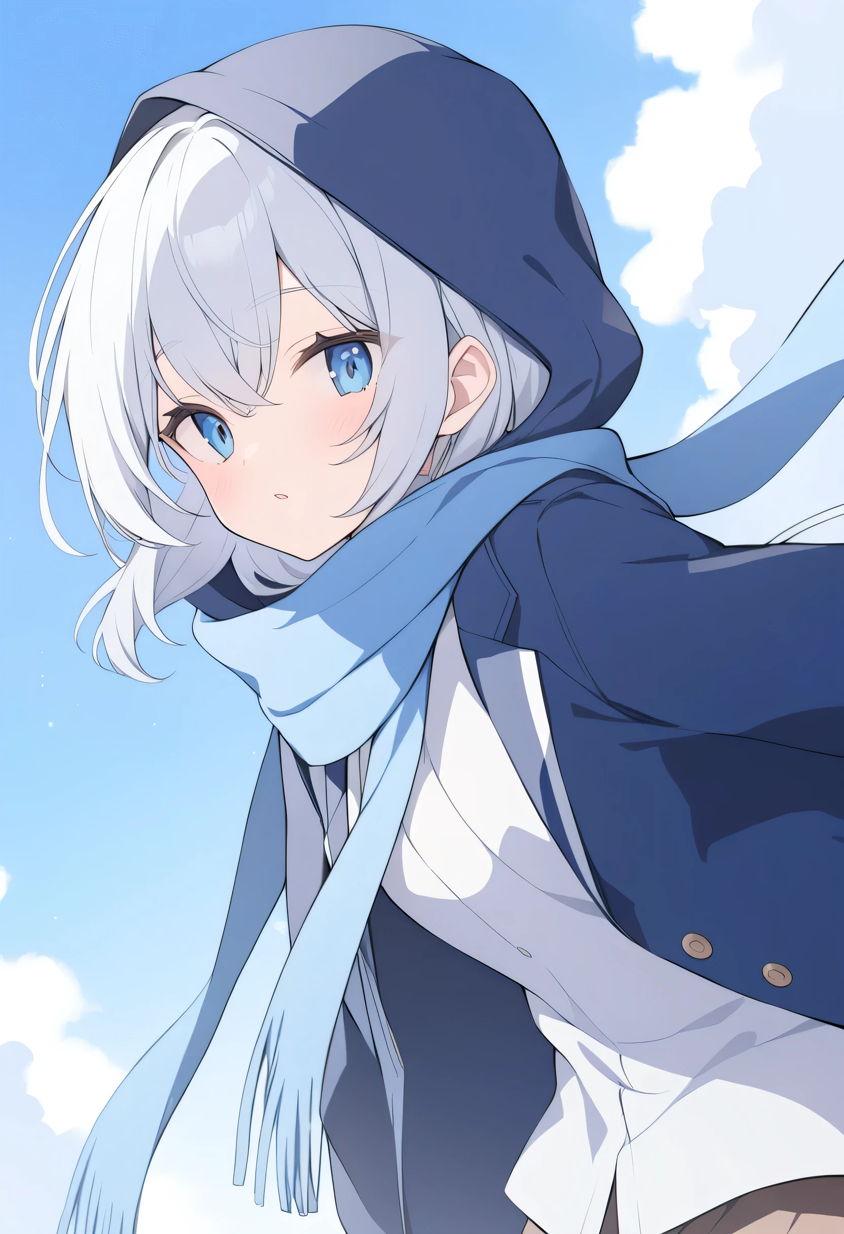 blue eyes，Sky blue scarf，Blue Jacket，Blue hood，Silver hair，Gray ear