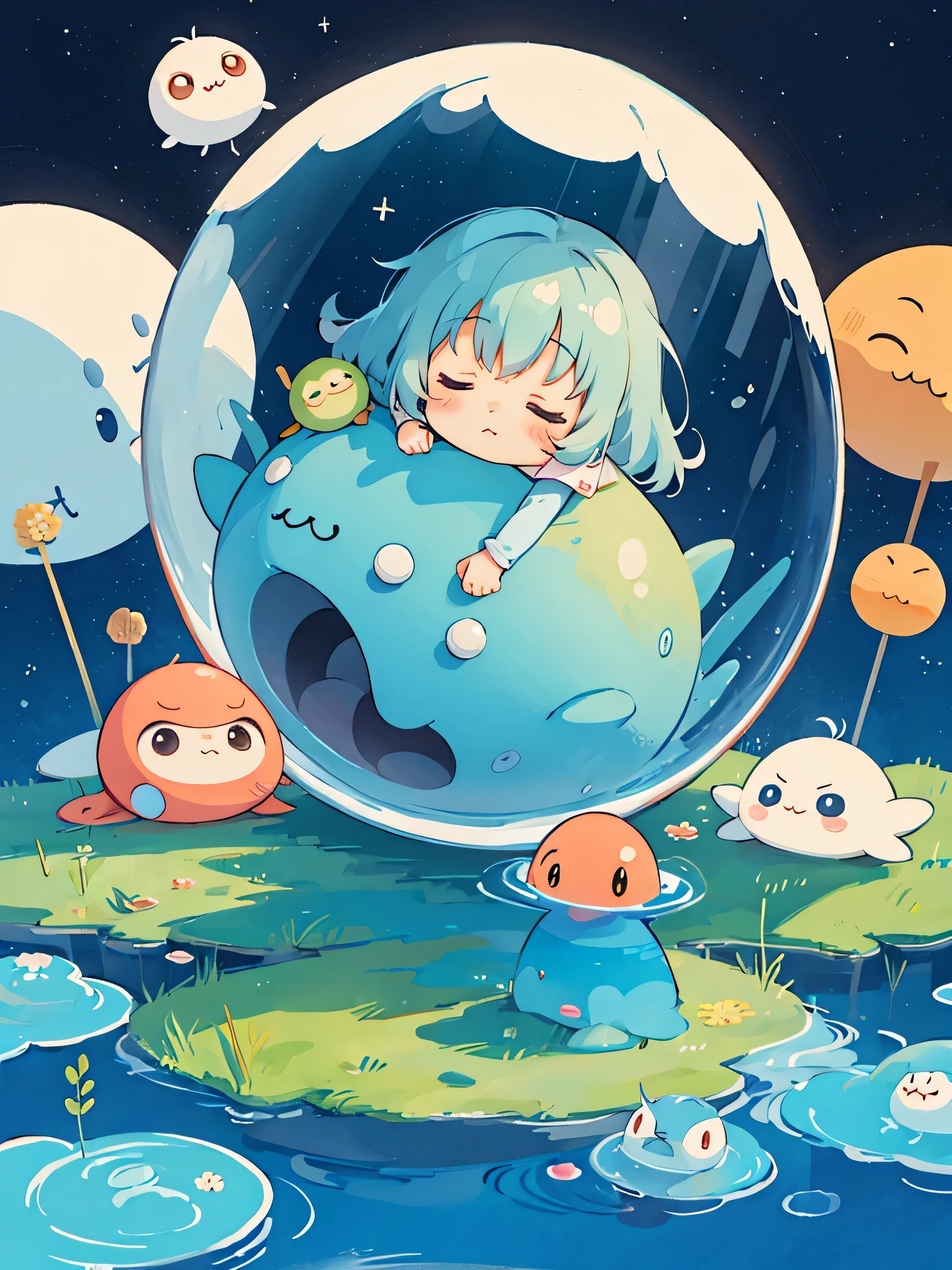 Hayao Miyazaki style, Kawaii Design, The most beautiful girl of all time、chibi, nap, cute alien、Mars exploration、