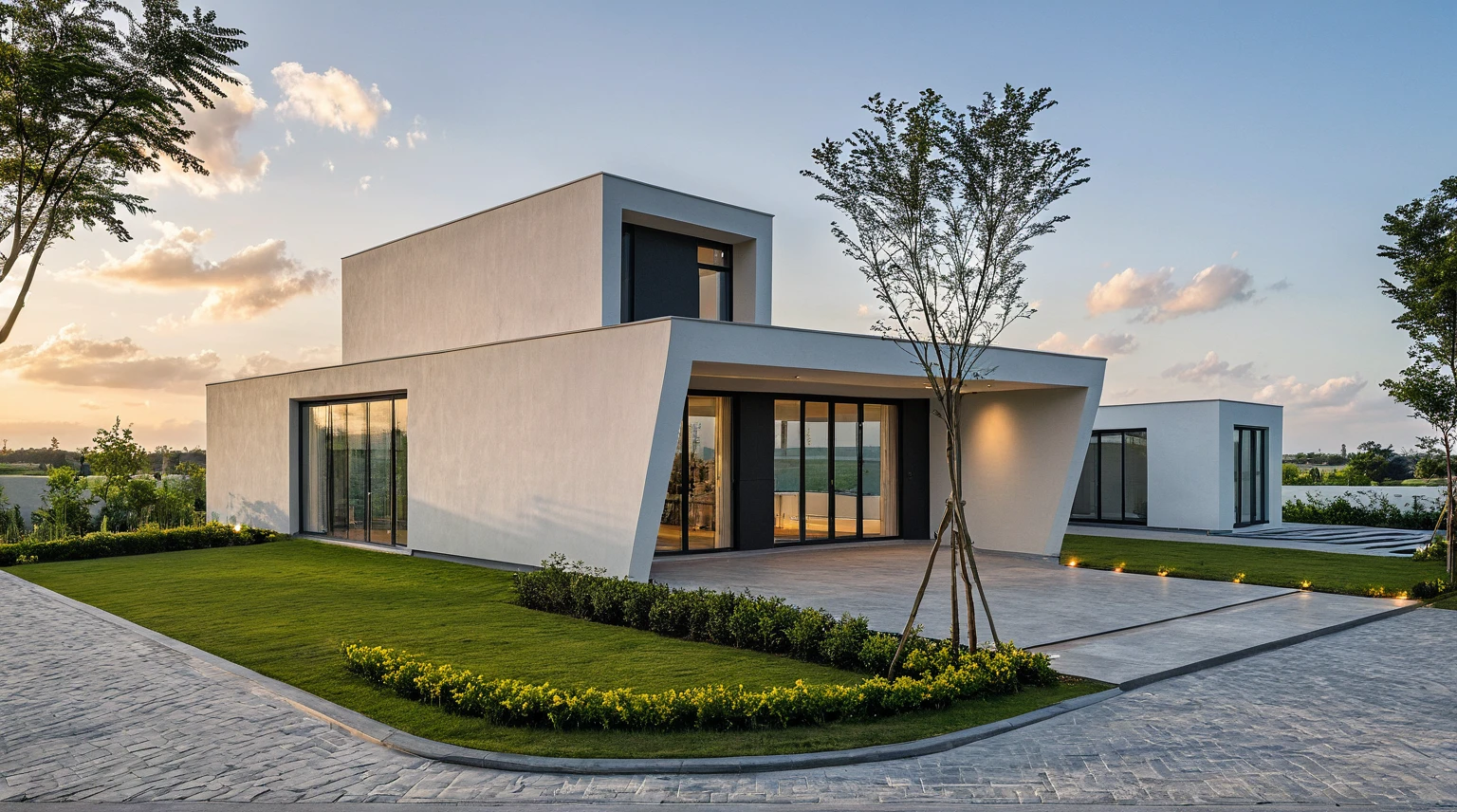 Masterpiece, high quality, best quality, authentic, super detail, outdoors, onestoreyvillaXL, aiaigroup, house style modern, white wall ,pavement, grass, trees, dusk sky, cloud, (daylight:1.1)