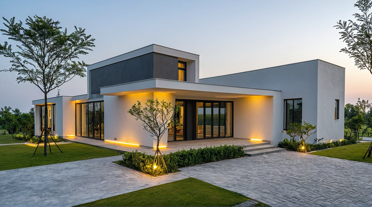 Masterpiece, high quality, best quality, authentic, super detail, outdoors, onestoreyvillaXL, aiaigroup, house style modern, white wall ,pavement, grass, trees, dusk sky, cloud, (daylight:1.1)