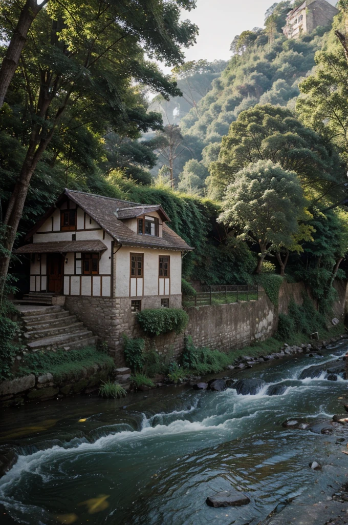 Village house on a steep river bank